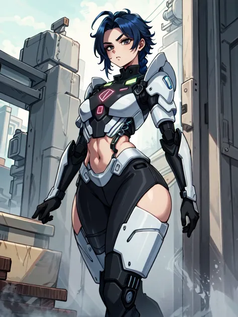 android, femboy, male, joints, robot, black eyes, midnight blue hair, circuits running through skin, braided hair, uniform, curvy, flat chest, male chest, 1boy, solo, wide hips, big ass