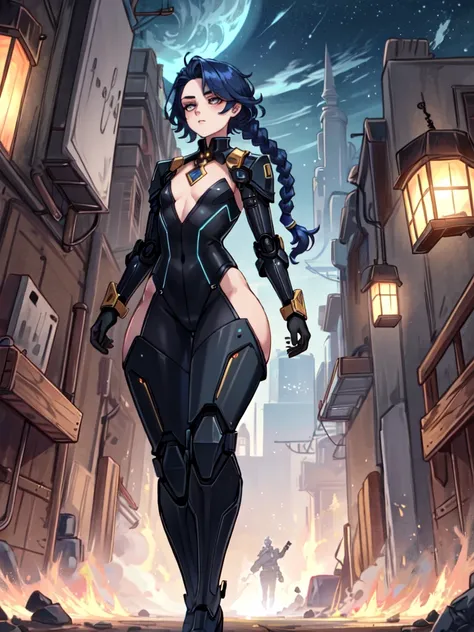 android, femboy, male, joints, robot, black eyes, midnight blue hair, circuits running through skin, braided hair, uniform, curvy, flat chest, male chest, 1boy, solo, wide hips, big ass