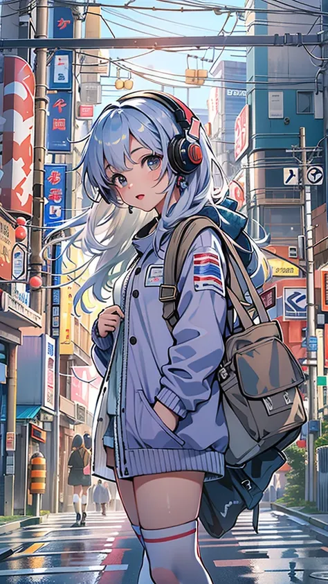 (masterpiece), (highest quality:1.4), (Ultra-high resolution:1.2),  Highly detailed background, (unity 8k wallpaper), Cute high school girl wearing headphones walking through the streets of Tokyo。Illustrations inspired by city pop culture、、Wear loose socks...