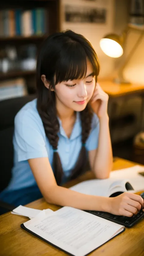 Cute Japanese girl studying or working at a desk、relax、night、Genuine、LO-FI、Lo-fi photography、