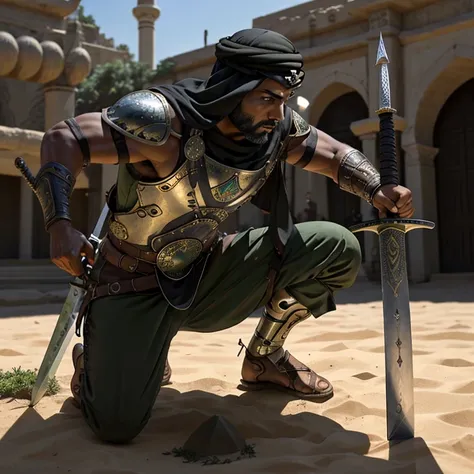 Arab warrior with one knee on the ground, face turned down, planting his sword into the earth [The scene features an Arab warrior in a powerful and contemplative pose. He is kneeling on one knee with his face turned down to the ground, his gaze introspecti...