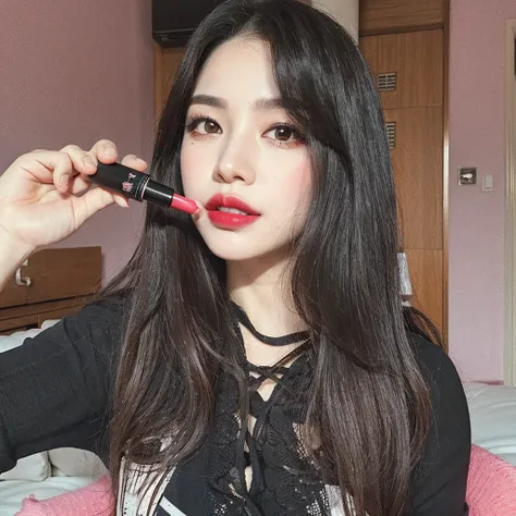 There is a woman holding lipstick in her hand., Popular Korean makeup, Popular Korean makeup, com cabello preto riso, Cruel Korean Goth Girl, 1 8 I, Pink lipstick, Sorriso fraco Dark lipstick, Dark lipstick, Black lipstick, Colocurl Lip Gloss, both have re...