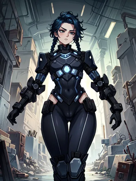 android, femboy, male, joints, robot, black eyes, midnight blue hair, circuits running through skin, braided hair, uniform, curvy, flat chest, male chest, 1boy, solo, wide hips, big ass, bulge