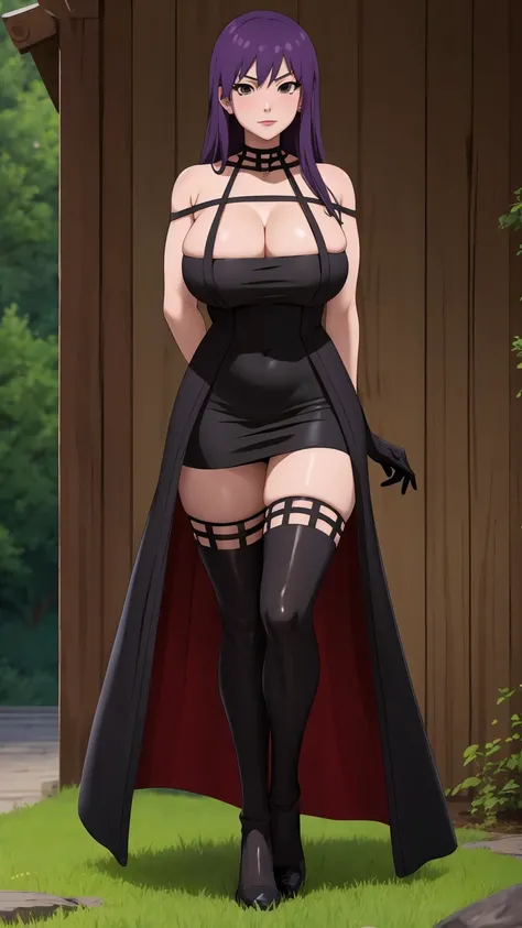 masterpiece, best quality, extremely detail 8k cg, high resolution, 1girl, yuugao, solo, purple hair, long hair, sidelocks, brown eyes, perfect eyes, slim body, huge breasts, bursting breasts, standing, black dress, black thighhighs, black gloves, seductiv...