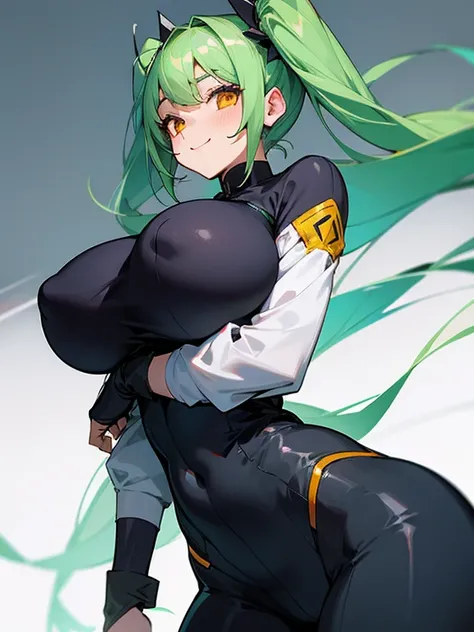 1girl, solo, , masterpiece, disproportionate breasts,chubby body ,gigantic breasts, sagging breasts, oppai, 13years, twintail hair, green hair, slanted eyes, orange eyes, gentle smile,