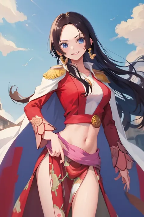 masterpiece, best quality, highres, hancock1, 1girl, boa hancock, large breasts, long hair, epaulettes, cape, crop top, side slit, cowboy shot, stading, outdoors, smile,