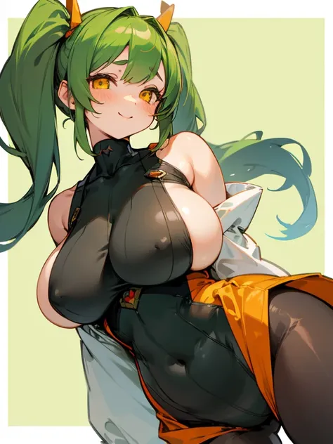 1girl, solo, , masterpiece, disproportionate breasts,chubby body ,gigantic breasts, sagging breasts, oppai, 13years, twintail hair, green hair, slanted eyes, orange eyes, gentle smile,