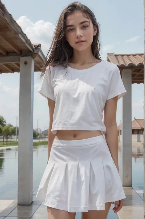 a beautifull 15 years old girl, white skin, masterpiece, textured skin, super detail, high details, high quality, 8k, she looking at sky
wearing a shirt, stomuch visible, stomuch visible, small skirt, wearing a eyer rings, littile smlie, wet body,