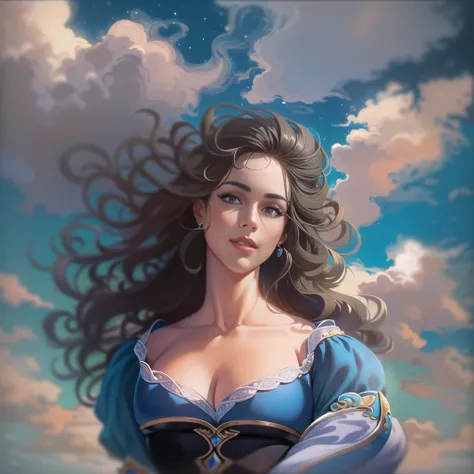 (best quality:1.2),cowboy shot,1girl,striking gaze,luscious lips,flowing hair,curvaceous figure,ornate black dress,mesmerizing blue eyes,sensual hips,enticing smile,powerful presence,alluring charm,clouds drifting in a clear blue sky,17th-century oil paint...