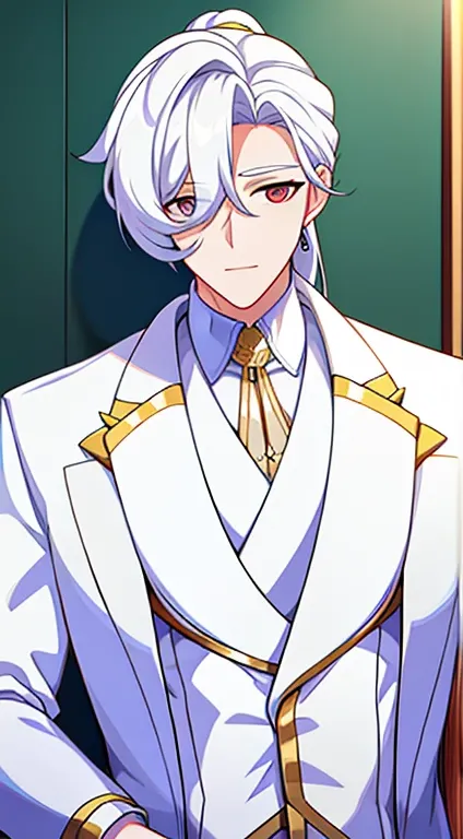 Grown-up guy, white colored hair, high ponytail, golden eyes, white suit with gold elements, Masterpiece, hiquality