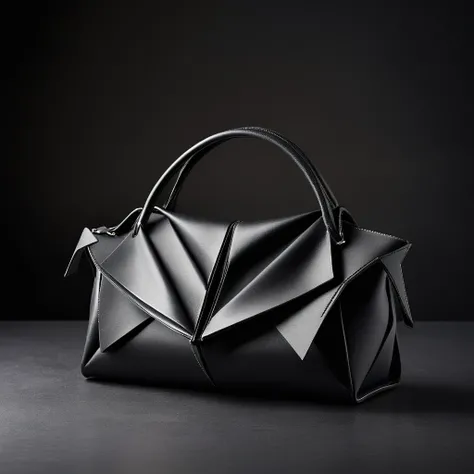 highly realistic high resolution photo of a clean cut, simple yet creative, paper like origami style black leather handbag taken by a canon 5d mk4 with a 24-70mm f/2.8 l lens in natural light against a black background in the style of a fashion editorial -...