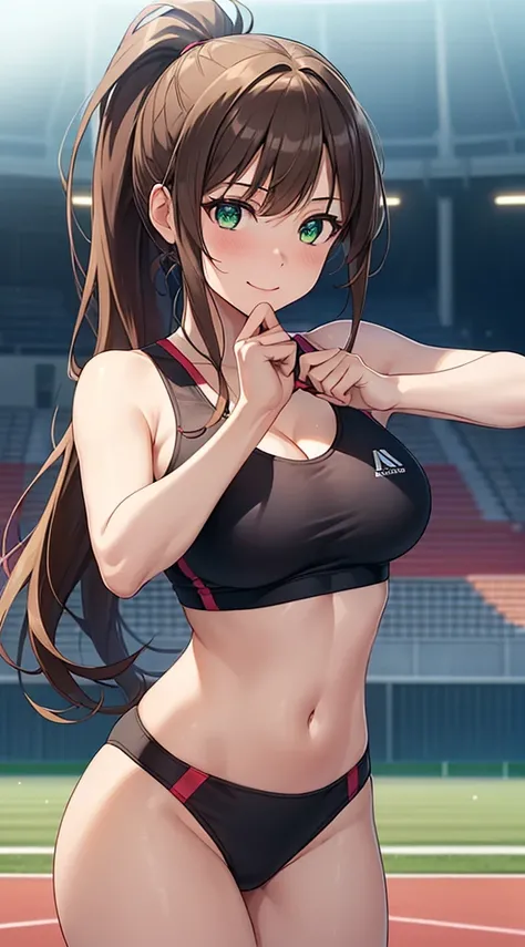 ((masterpiece, highest quality, High resolution, Hmm, Pixel perfect, Depth of written boundary, 4k, RTX, HDR))), 1 Girl, single, alone, Beautiful Anime Girls, Beautiful art style, anime character, ((Long Hair, bangs, brown hair, ponytail:1.5)), (Green Eyes...