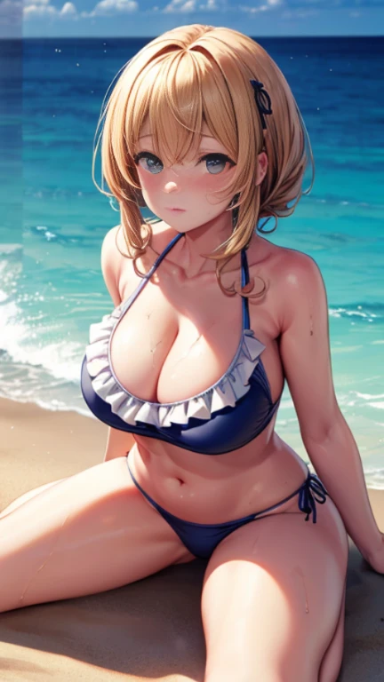 UHD, retina, masterpiece, ccurate, anatomically correct, textured skin, super detail, high details, high quality, award winning, best quality, highres, 1080P, HD, 4K, 8k, 16k、blue sea、Wide sky、Deep sandy beach、Cute Girls、(Pure white frill swimsuit:1.2)、Sun...