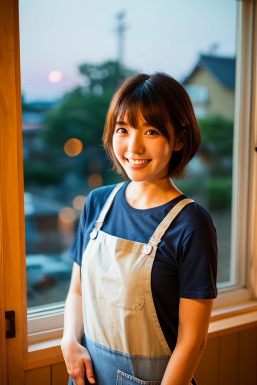 30 years old
Japanese
Super beautiful
Wife
bob hair
T-shirt
jeans
wear an apron
standing in the kitchen
front
smile
evening
sunset from the window