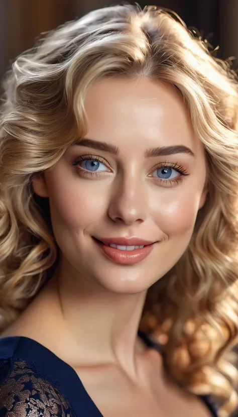 (best quality,8k,highres,masterpiece:1.2),close-up portrait,30-year-old Russian girl,blonde hair,perfect smile,looking at the camera,perfect details,high-quality,with a navy blue short dress,detailed eyes,luscious lips,golden curls,natural makeup,sparkling...