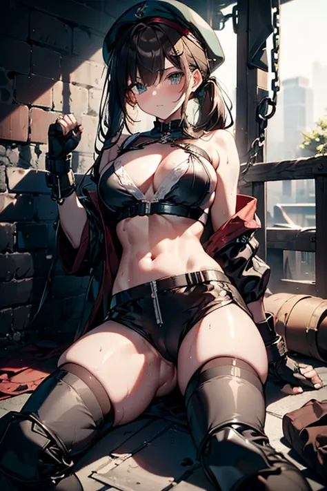 ubel,dark green hair,long hair,side ponytail,hair between eyes,bangs, BREAK (beret, black jacket, open clothes, cleavage, midriff, black shorts, black thighhighs, thigh strap, fingerless gloves, single glove:1.2), Photo,sharpness, F1.6 lens,hyper-realistic...