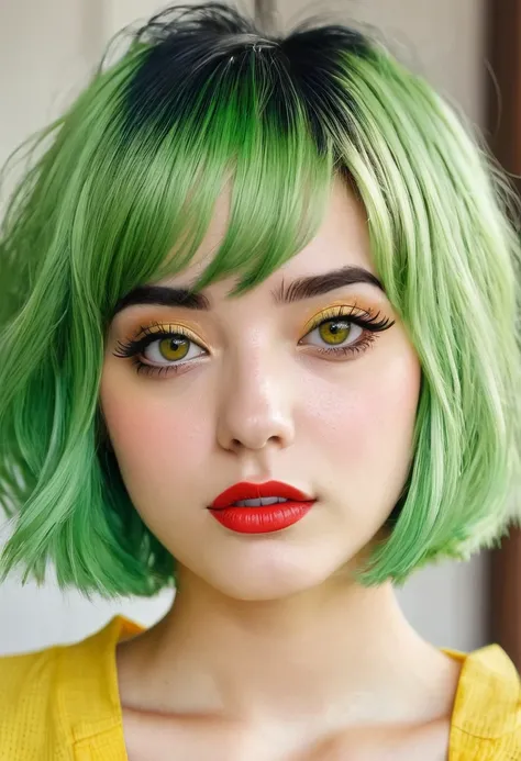 draw me a picture of a girl with black eyes, green hair, red cheeks, short hair, short pants and a yellow blouse.