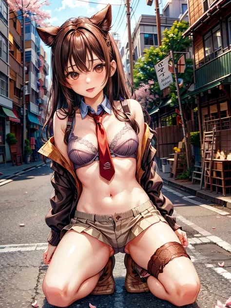 1girl, solo, long hair, breasts, looking at viewer, brown hair, shirt, navel, brown eyes, underwear, , open clothes, necktie, tongue, socks, tongue out, bra, petals, open shirt, kneeling, cherry blossoms