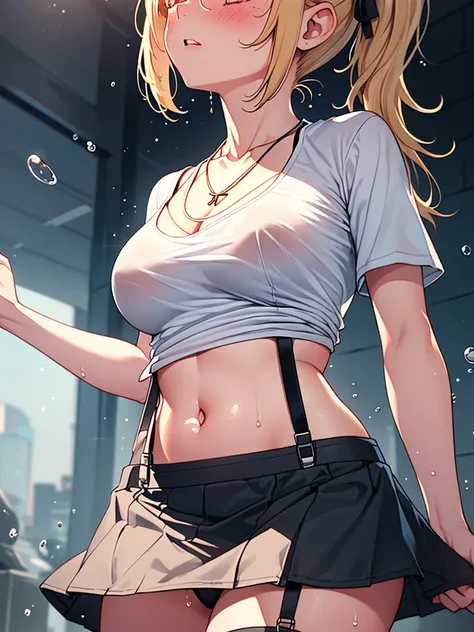 (highest quality, High resolution, perfect pixel, Depth of bounds written, 4K), detailed eyes, (1 girl), perfect body, medium breasts, blond hair, (side ponytail), (white t-shirt lift:1.2), show off bra, (v-neck), (black suspender skirt), necklace, (kneehi...