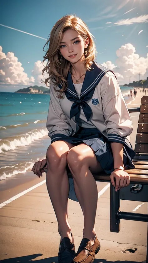 ((最high quality, 8K, masterpiece: 1.3, Ultra HD, high quality, 最high quality, High resolution, realism)) 、A beautiful 18-year-old white woman、hair color is black、Iriedium Hair、Hair is wavy、smile、I want my head to stay off screen、sit on a high breakwater on...