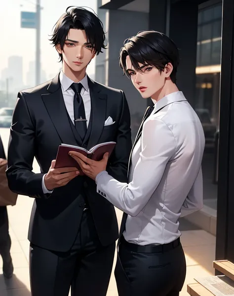 Two male protagonists，All in suits，Probably 28 years old，Background is urban style，Second Dimension，Handsome，Masterpiece，novel cover，Both of them only have upper body，Delicate face