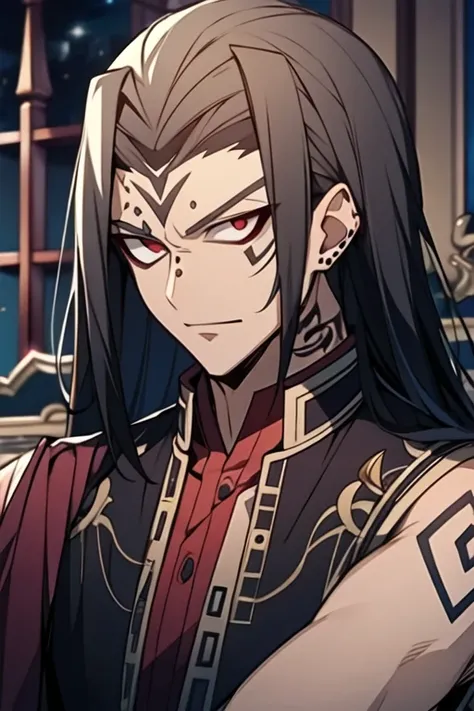 masterpiece，best quality，Game CG, vampire，emperor，Noble robes，1 boy，solo，Male focus，face tattoo，Looking at the audience，棕色Long hair，Red Eyes，Long hair，Black tattoo on forehead，Chinese clothing，
