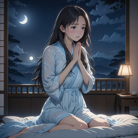 masterpiece, High resolution, illustration, kyoto animation style, Your name is cinematic style, night, midnight, moonlight, (1 female: 1.3), (alone: 1.4), long eyelashes, long hair, nose blushing, futon, embarrassed, transparent nightdress, cowboy shot, H...