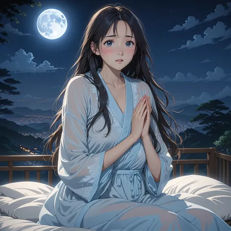 masterpiece, High resolution, illustration, kyoto animation style, Your name is cinematic style, night, midnight, moonlight, (1 female: 1.3), (alone: 1.4), long eyelashes, long hair, nose blushing, futon, embarrassed, transparent nightdress, cowboy shot, H...