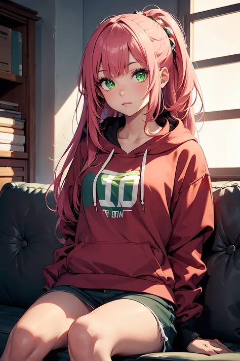 ((1 girl)), (Sit with your knees up), disease, Red eyes, Red cheeks, indoor, latest trend clothes, Blue hoodie,(Cowboy Shot) ,((Very detailed,highest quality, High resolution, 8k wallpaper, Beautiful clothes,)),((Pink Hair, Long Hair,Straight hair)), Expre...