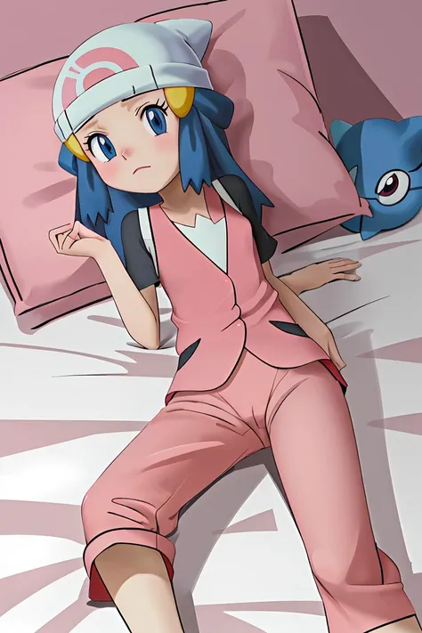 masutepiece, Best Quality, hight resolution, on bed, 1girl , Solo, dawn(The pokemon), blue eyes ,(((laying 1.4))) ,((looking_at_viewer)) ,pink Pajamas , seductive face, white pantys