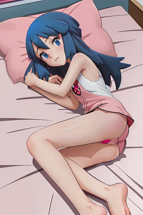 masutepiece, Best Quality, hight resolution, on bed, 1girl , Solo, dawn(The pokemon), blue eyes ,(((laying 1.4))) ,((looking_at_viewer)) ,pink Pajamas , seductive face, white pantys