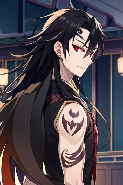 masterpiece，best quality，Game CG, vampire，emperor，Noble robes，1 boy，solo，Male focus，face tattoo，Looking at the audience，棕色Long hair，Red Eyes，Long hair，Black tattoo on forehead，Chinese clothing，
