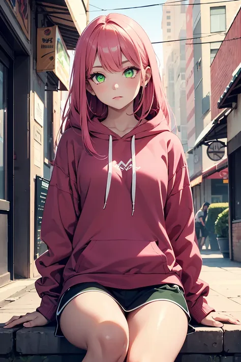 ((1 girl)), Sit with your knees up, disease, Red eyes, Red cheeks, indoor, latest trend clothes, neon blue hoodie, Street fashion,(Cowboy Shot) ,((Very detailed,highest quality, High resolution, 8k wallpaper, Beautiful clothes,)),((Pink Hair, Long Hair,Str...