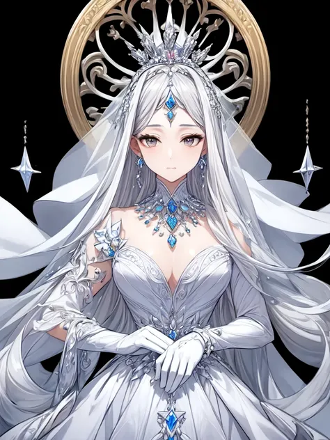 (masterpiece, highest quality: 1.4), Detailed Background, White Crystal, Crystal clusters,Long Hair,jewelry, Earrings, necklace, Crown, bride, Gray Hair, Hello, 