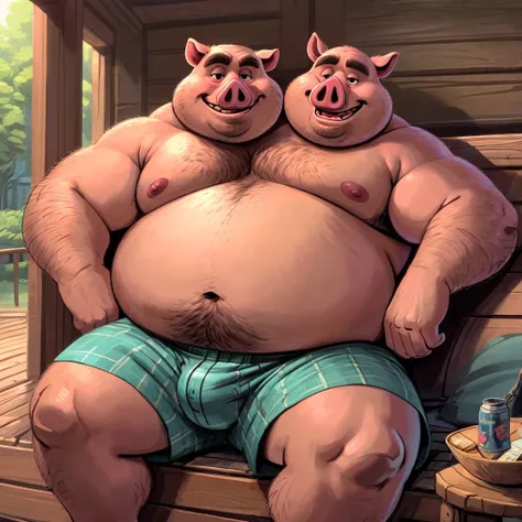 solo, pig, two headed, conjoined, identical, masculine, bald, overweight:1.4, obese, fat, belly, chubby, dadbod, adult, mature, older man, (by rembrandt:1.7, by dramamine), pixar:1.1, by dreamworks, by disney:1.1, porch background, (shirtless, boxers, bulg...