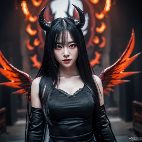 1 female demon with wings, Japanese, Asian eyes, horned, ultra detailed face and eyes,  hyperrealistic, realistic depiction, 30 years old, wearing a long black dress, dancing through hell, full body view