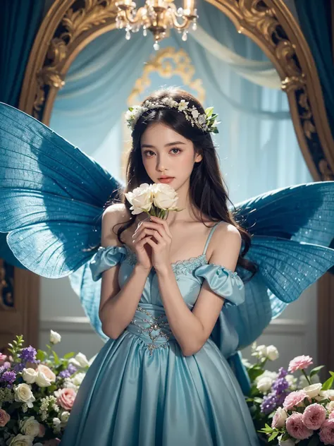 Arapé woman wearing a blue dress and holding a bouquet of flowers, Marie Angel&#39;s photo., tumbler, Rococo, Rococo dress, celestial fairy tale, dreamy style, victorian blue dress, dreamy and heavenly, Ethereal and dreamy, fantasy dress, magic dress, drea...