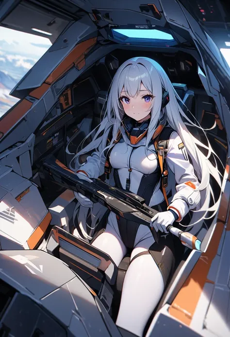 High quality, high definition images, full HD、

8k.1 girl( white long hair),Futuristic fighter pilot,black and white pilot suit,Inside the cockpit of a fighter jet The canopy is up,Maintenance staff Many, holding the control stick and looking at the instru...