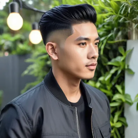 Indonesian guy with short taper fade hair, ligh ash blue. Wearing a neat open black jacket. Wearing a plain black shirt inside the jacket. Garden background with beautiful lighting.