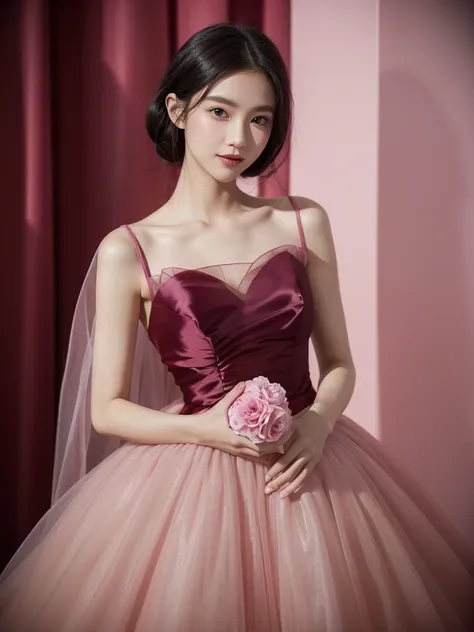 A woman dressed in dark pink holds a flower in her hand.., wearing dark pink clothes, Wearing an organza gown and a dark pink ballroom gown., hot pink clothes, wearing a dark pink suit, Stylish Editorial Photography, official valentino editorial, transluce...