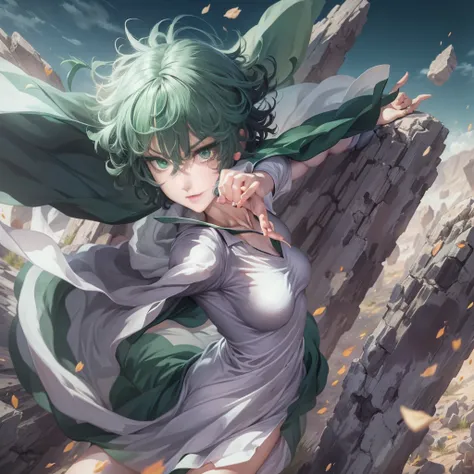 Anime art style, Fubuki from one punch man, green hair, white skin, wearing V-neck dress, flying over destroyed rock, cinematic lights, blushing cheeks, ligth smiling, detailed small breast, wide hips, NSFW, cowboy shot.