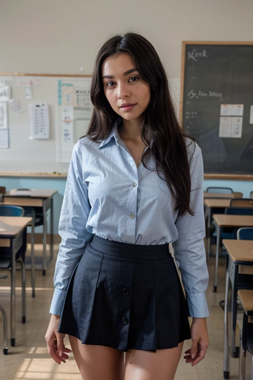 *Ava has long, silky black hair that drapes down her back like a waterfall. Her deep brown eyes hold a depth of wisdom and intensity, hinting at a strong spirit within her. she is wearing a navy blue skirt upto knee length and a light blue button up shirt....