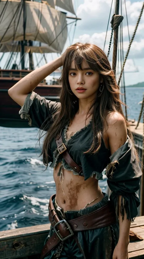 Dramatic lighting, Highest quality, film movie still, (Charming Anne Bonny, Dressed in dirty tattered pirate costumes, Stand on the deck of a pirate ship docked in a Caribbean port), grimy, Dark atmosphere, Toned body, (ripped clothing:0.8), Perfect face, ...