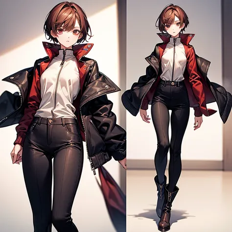 masterpiece、Subtle details、Slender beauty、expensive、slim、I like that style、Small breasts、Sharp eyes、sister、Pixie Cut、Short nape、Oversized zip-up jacket、Tight skinny pants、Platform boots、Reddish brown hair、