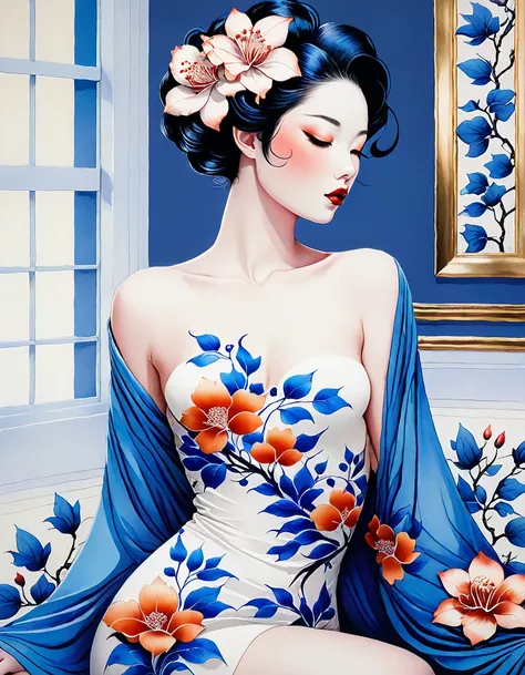 chiaroscuro technique on sensual illustration of an elegant , retro and vintage ,silky flower around body, matte painting, by Hannah Dale, by Harumi Hironaka, extremely soft colors, vibrant, pastel, highly detailed, digital artwork, high contrast, dramatic...