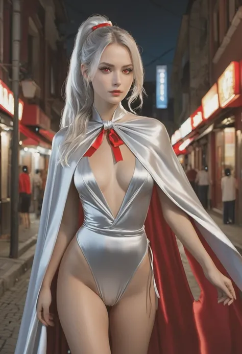 (RAW Photo) , (highly detailed:1.20) , ultra realistic :1.10) ,sexy girl in her 20s , (perfect face:1.20) , (detailed red eyes:1.20) , with long silver hair in ponytail , (((long silver satin cape tied at the neck with a ribbon :1.20))) , naked  , full bod...