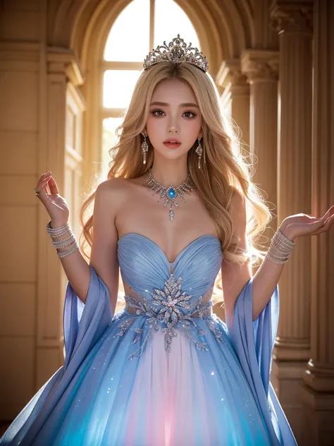 Creates an image of a blonde woman wearing a flowing dress.. Her hair has multicolored highlights., And she accessorized with crystal earrings and a tiara.. This dress is designed with a gradient pattern., surrealism, Shows influence from various art style...