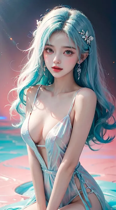 （masterpiece、best quality、high resolution），（Color Background，（Splash of Color）），Sweet girl，Light blue and white medium length hair，[Light Blue|Big pink breasts]hair，curls，Glittering，Red pink lips，The crack is relatively large，(Splash of Color，(Short white ...