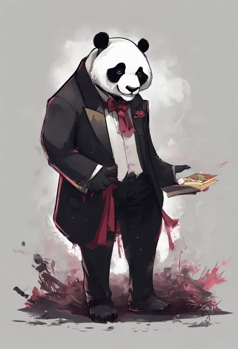 anthropomorphic panda, de cuerpo entero, vestido formalmente con un blazer, sostiene una bandeja, pegatina de panda, sticker de panda.