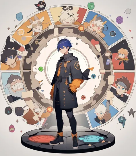 1 boy, Male focus, fashionable，Personality，绘圈Personality，multi-element，whole body，Standing picture，Set a circle，multi-element混搭，gram system，Dopamine